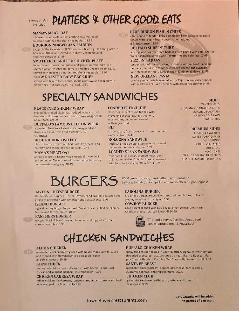 Towne Tavern York menu board