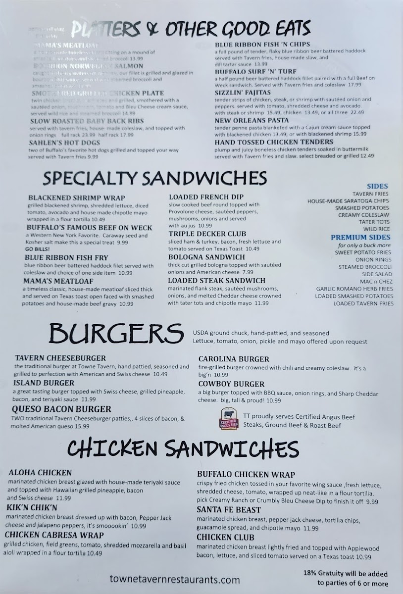 Towne Tavern York menu board