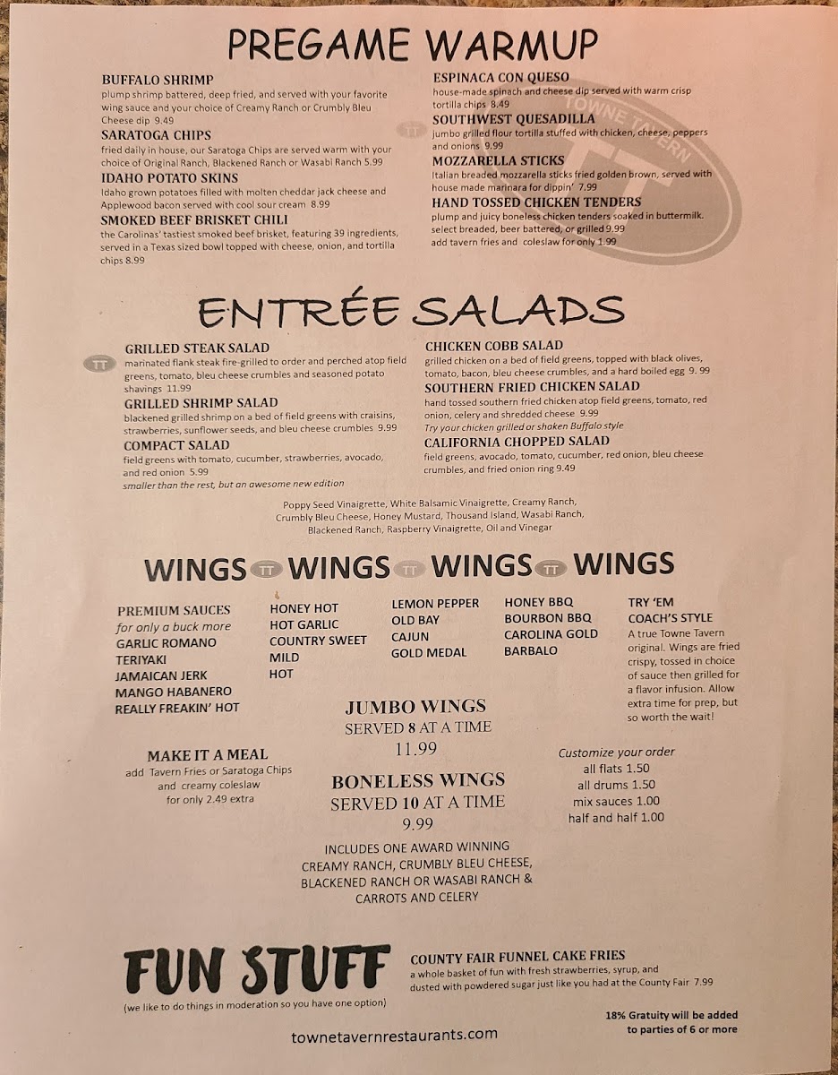 Towne Tavern York menu board