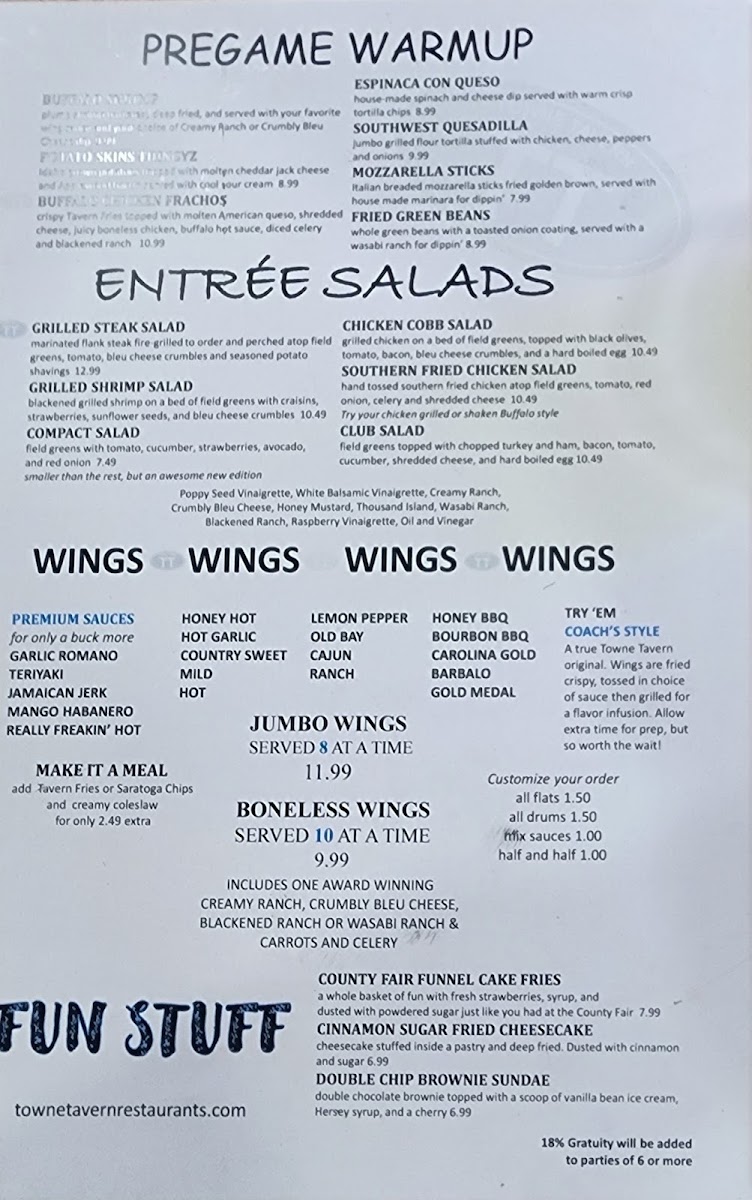 Towne Tavern York menu board