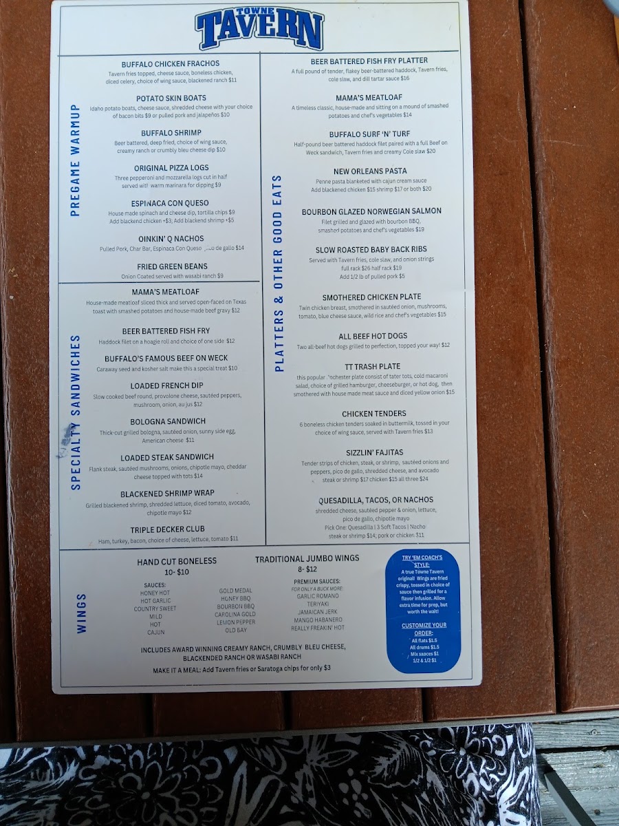 Towne Tavern York menu board