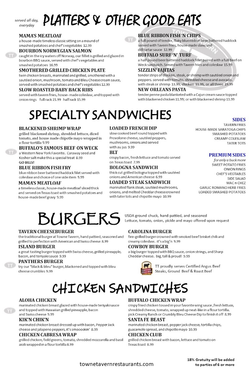 Towne Tavern York menu board