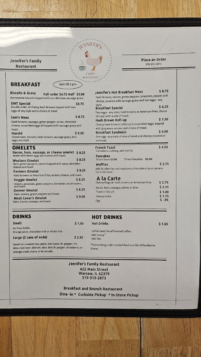 Jennifer's Family Restaurant menu board