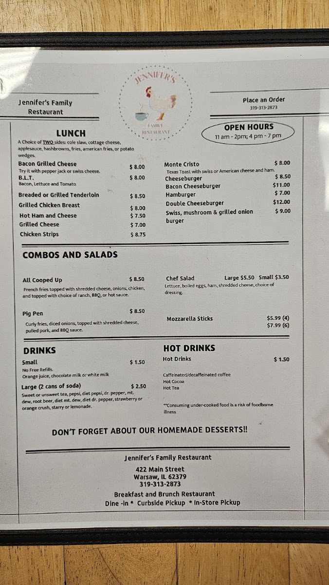 Jennifer's Family Restaurant menu board