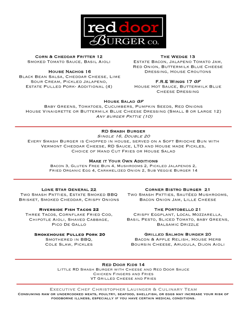 Red Door Burger Co. menu board
