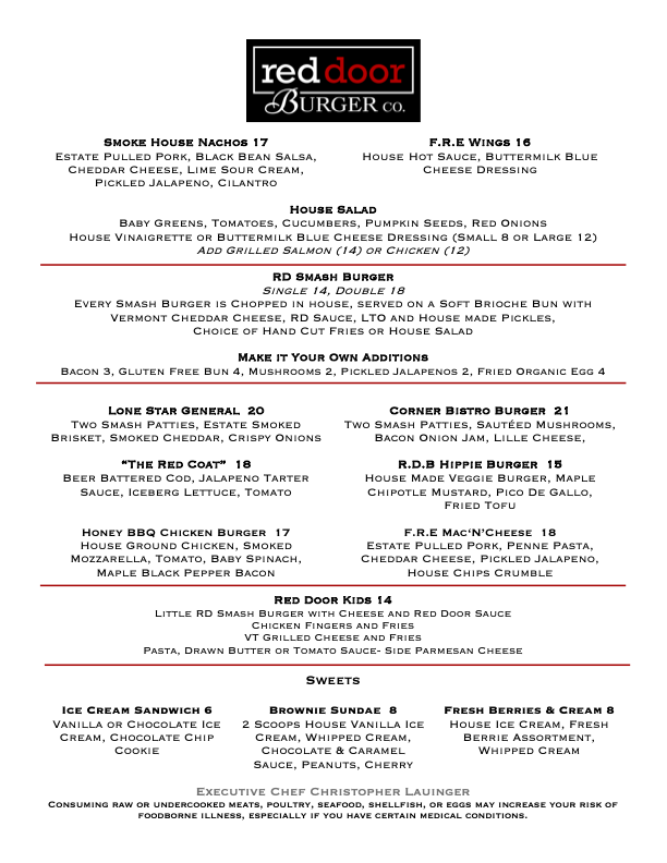 Red Door Burger Co. menu board