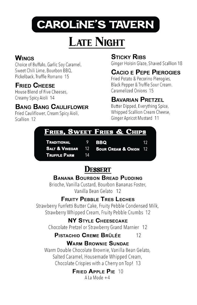Caroline's Tavern menu board