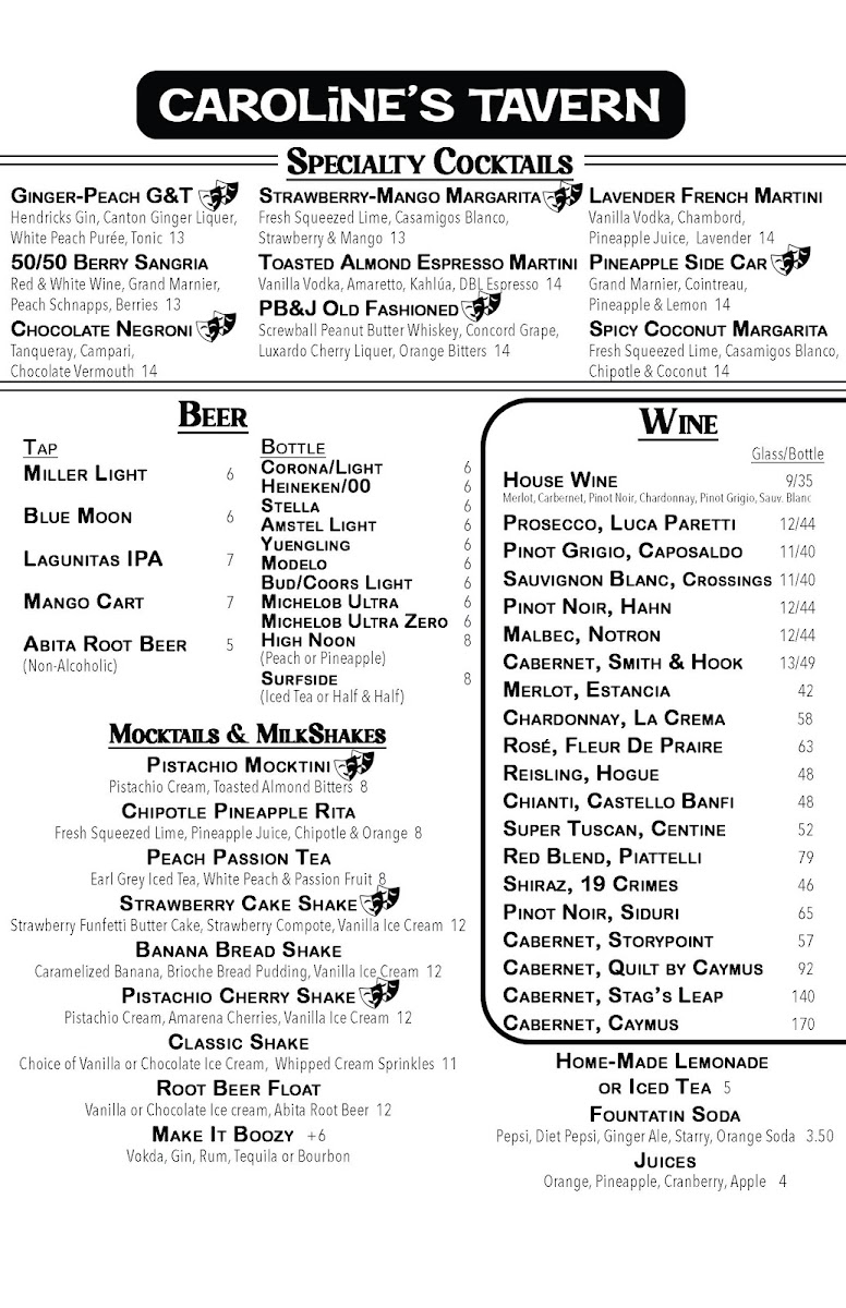 Caroline's Tavern menu board