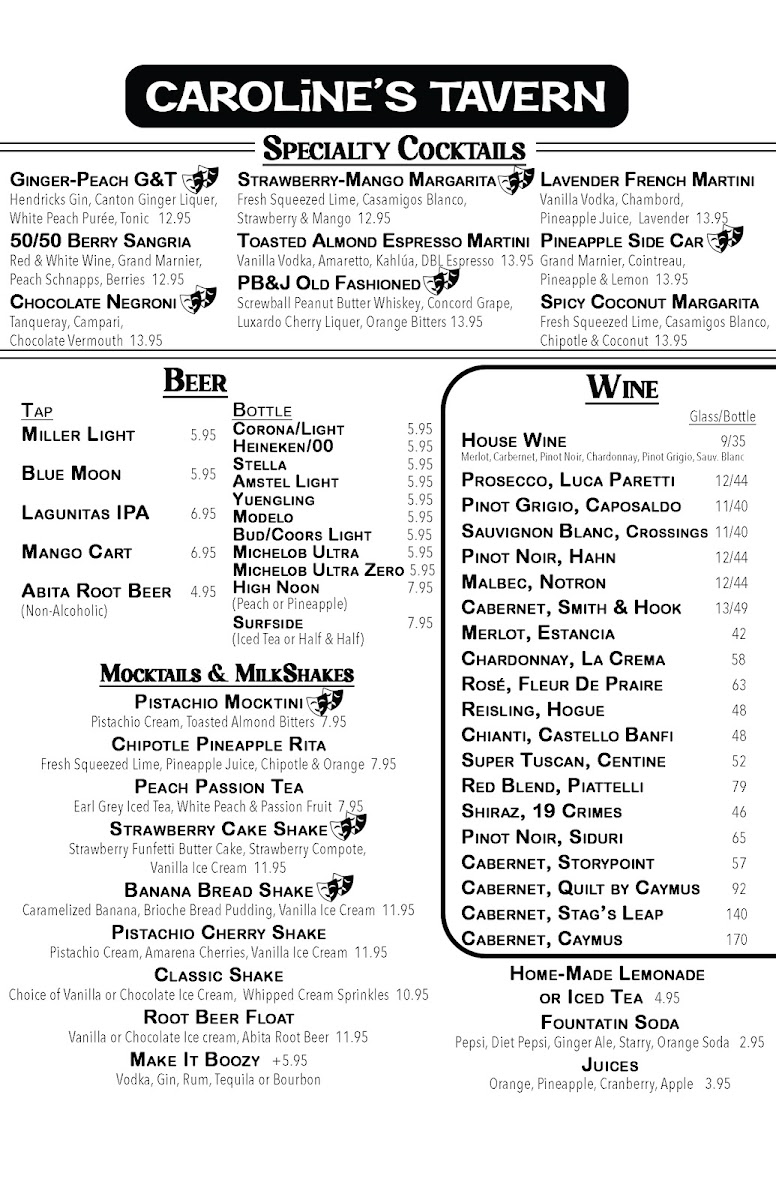 Caroline's Tavern menu board