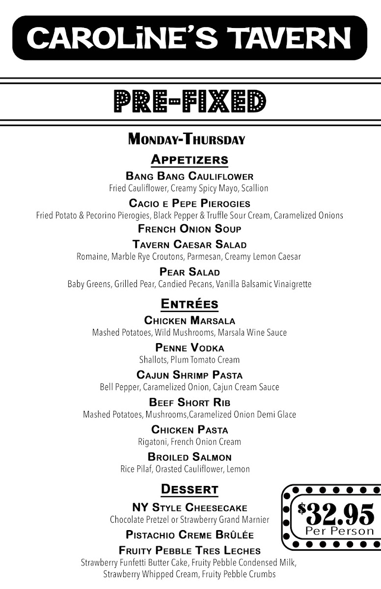 Caroline's Tavern menu board