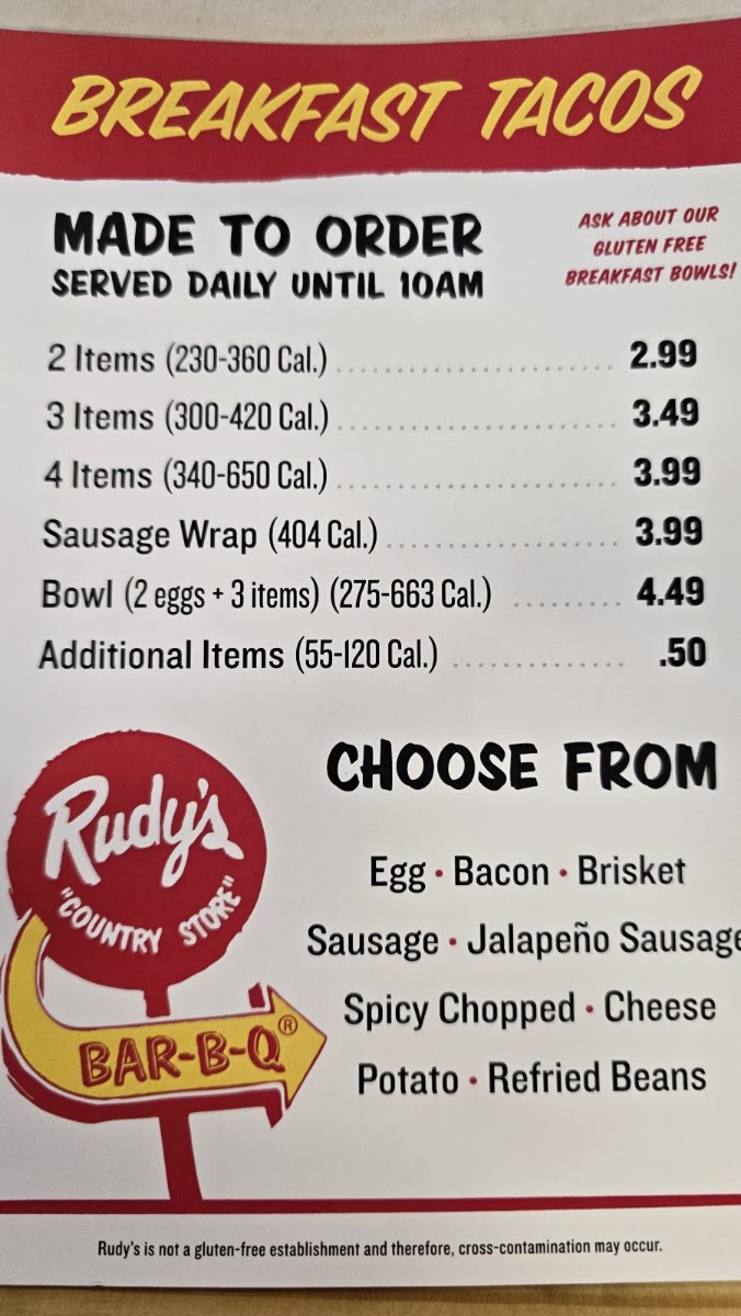 Rudy's 'Country Store' and Bar-B-Q menu board