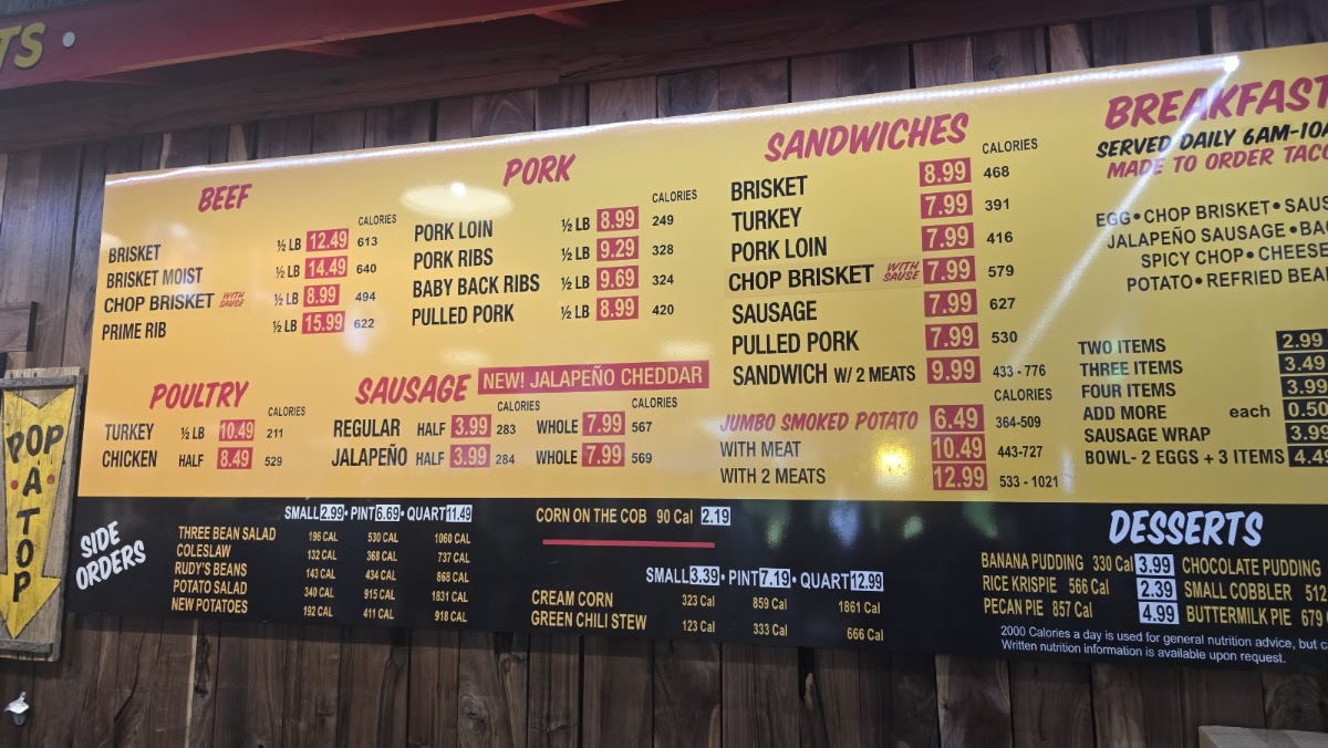 Rudy's 'Country Store' and Bar-B-Q menu board