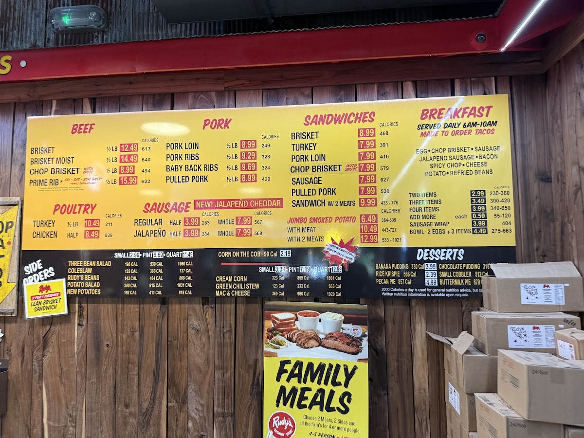 Rudy's 'Country Store' and Bar-B-Q menu board