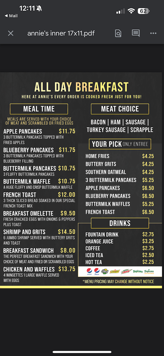 Annie's menu board