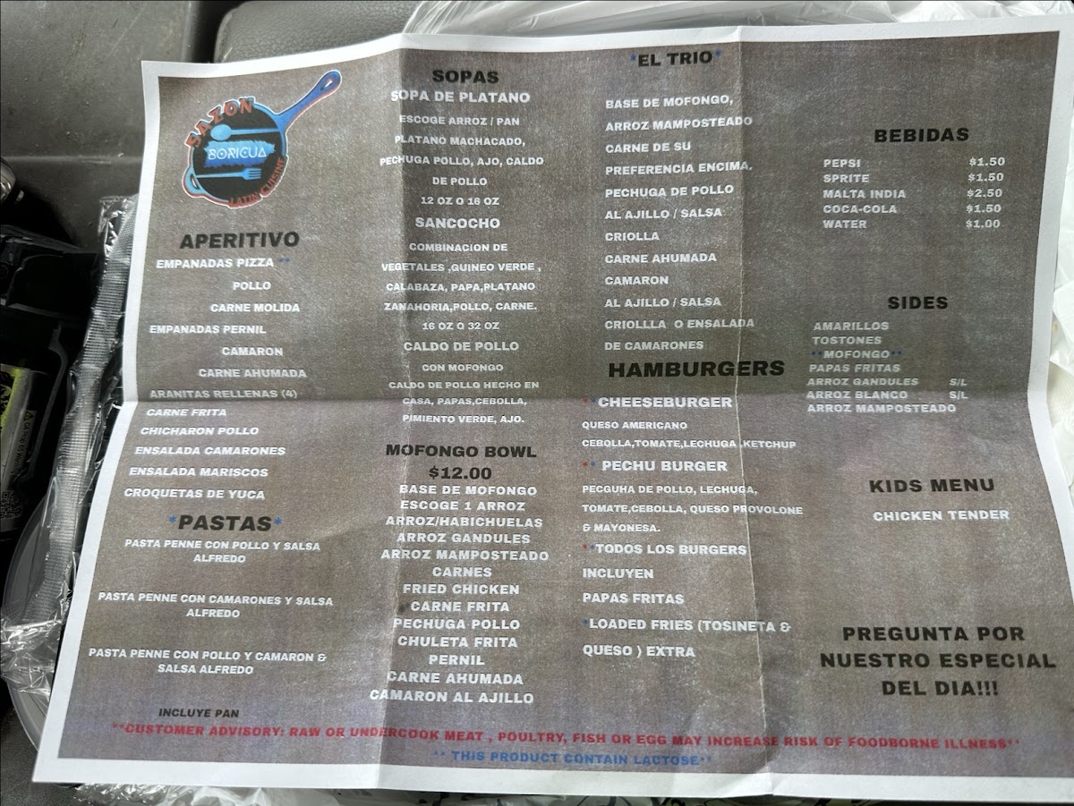 Sazón Boricua menu board