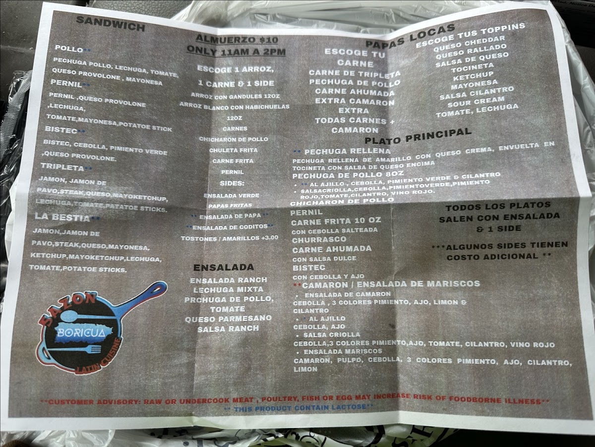 Sazón Boricua menu board