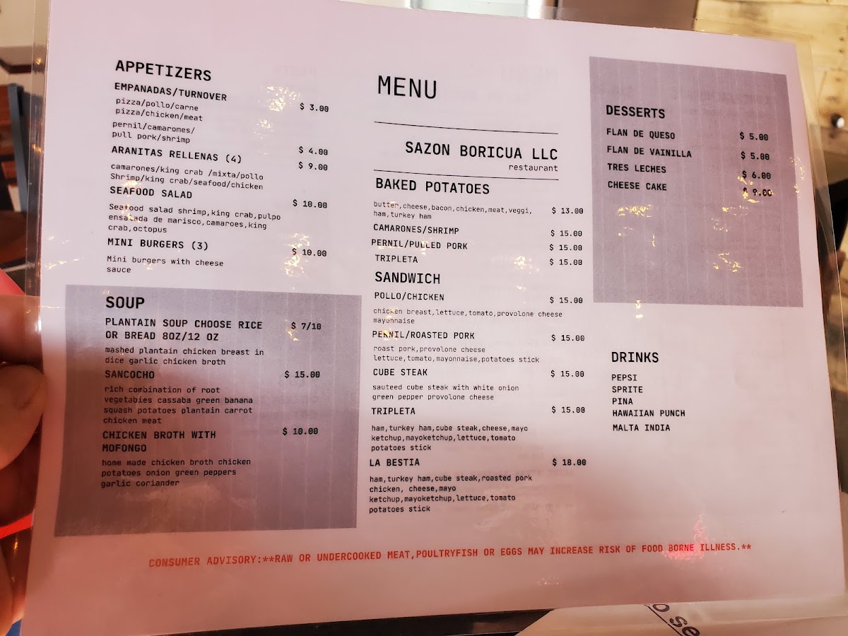 Sazón Boricua menu board