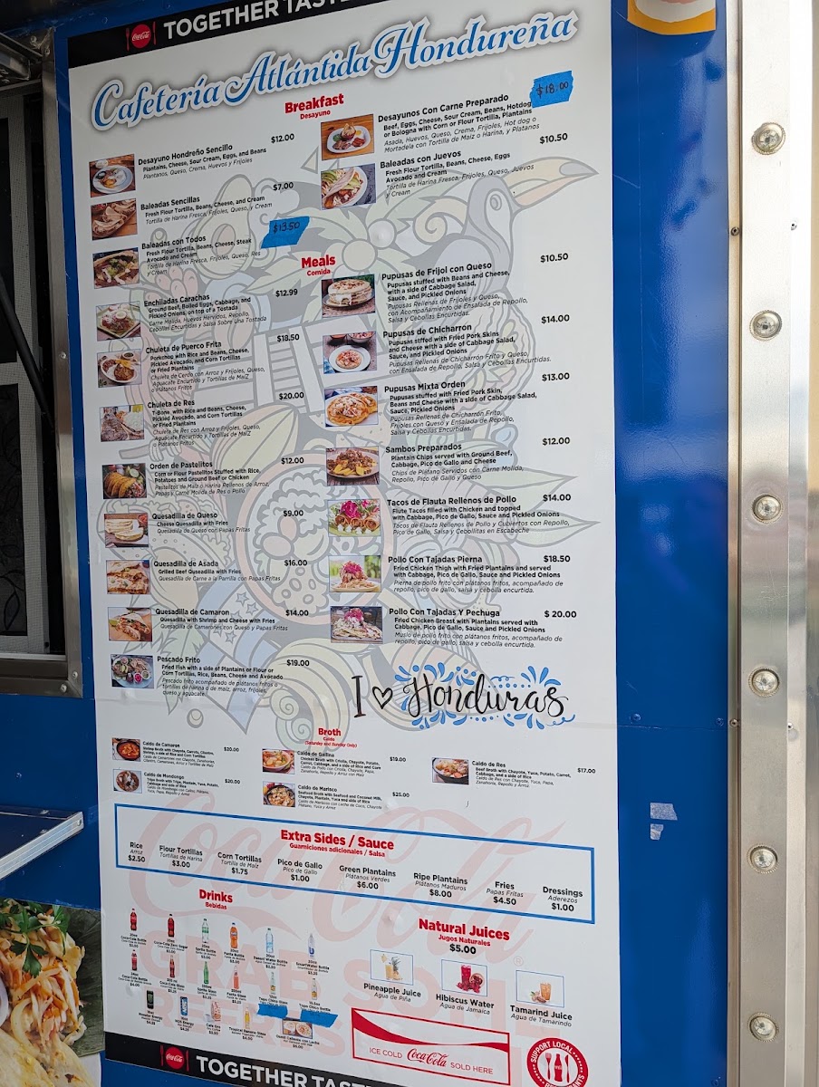 Cafeteria Atlantida hondureña menu board