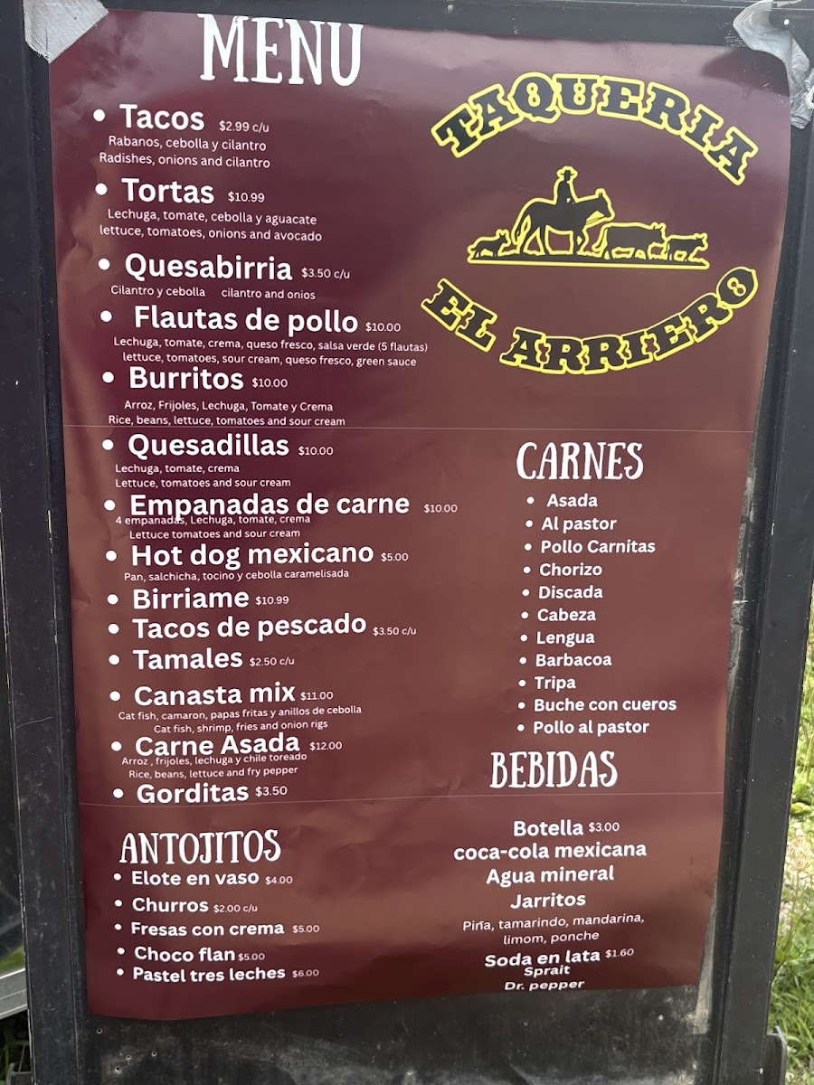 Taqueria El Arriero menu board