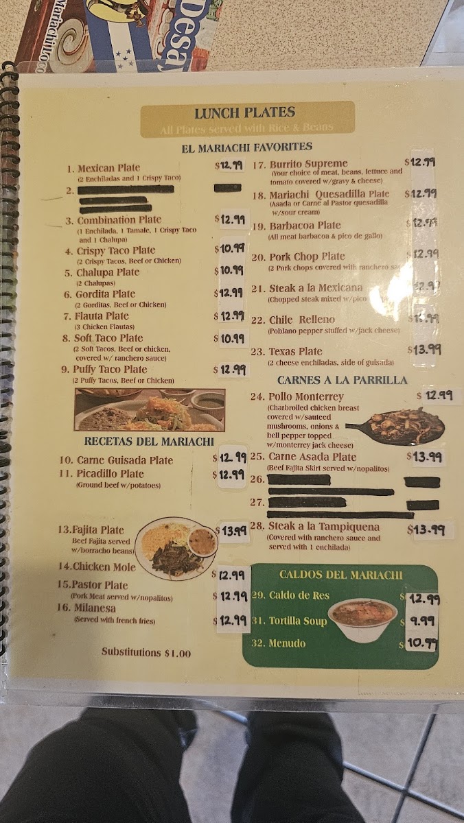 El Mariachi Loco menu board