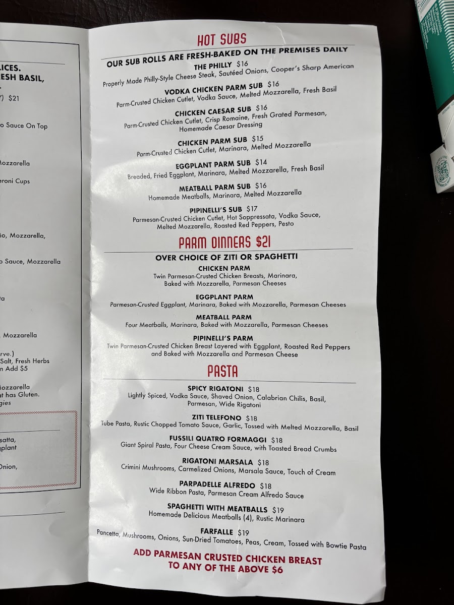 Pipinelli's Pizza Parlor menu board