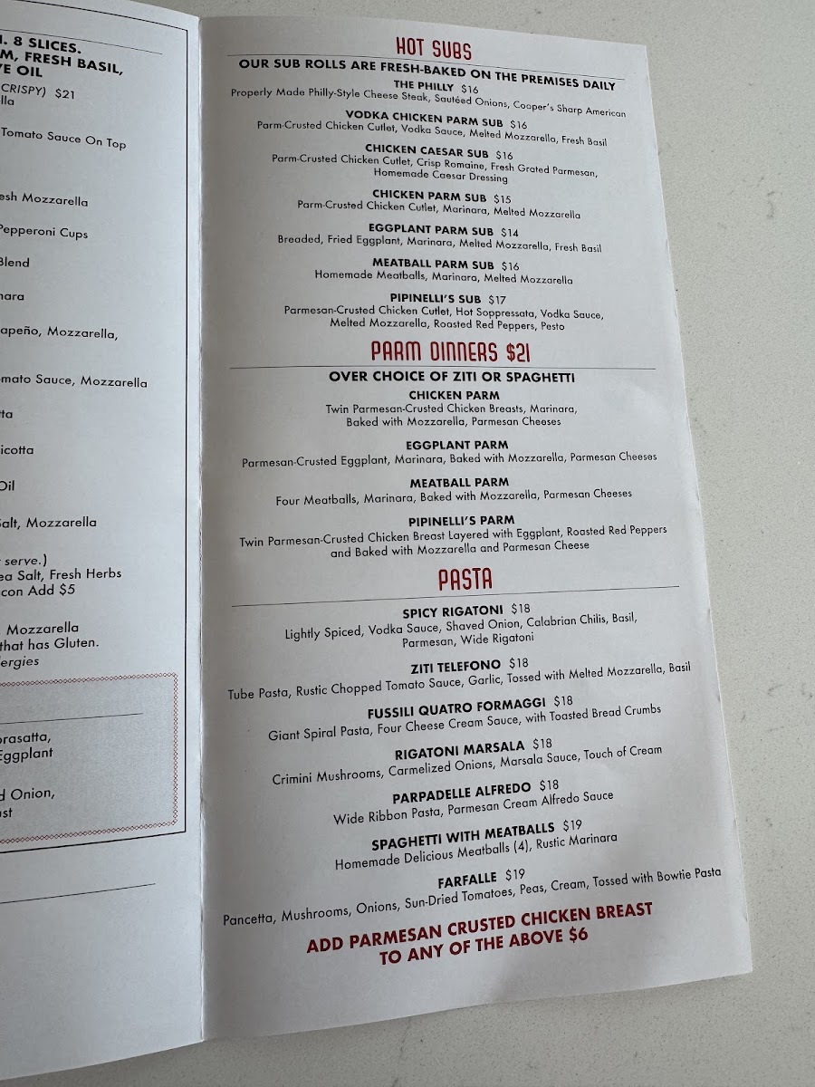 Pipinelli's Pizza Parlor menu board