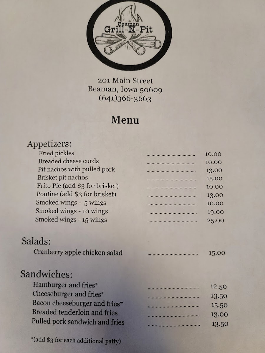 Beaman Grill-N-Pit menu board