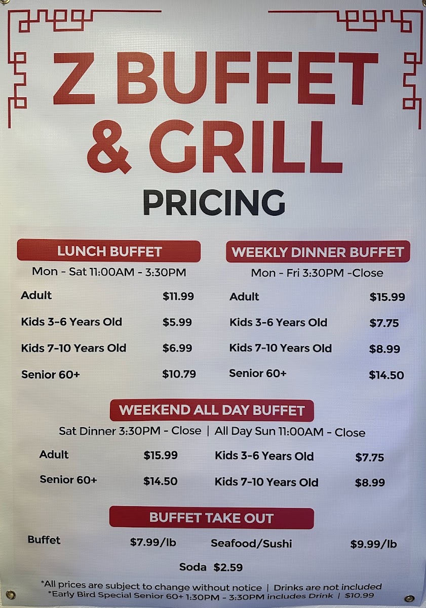 Z Buffet N Grill menu board