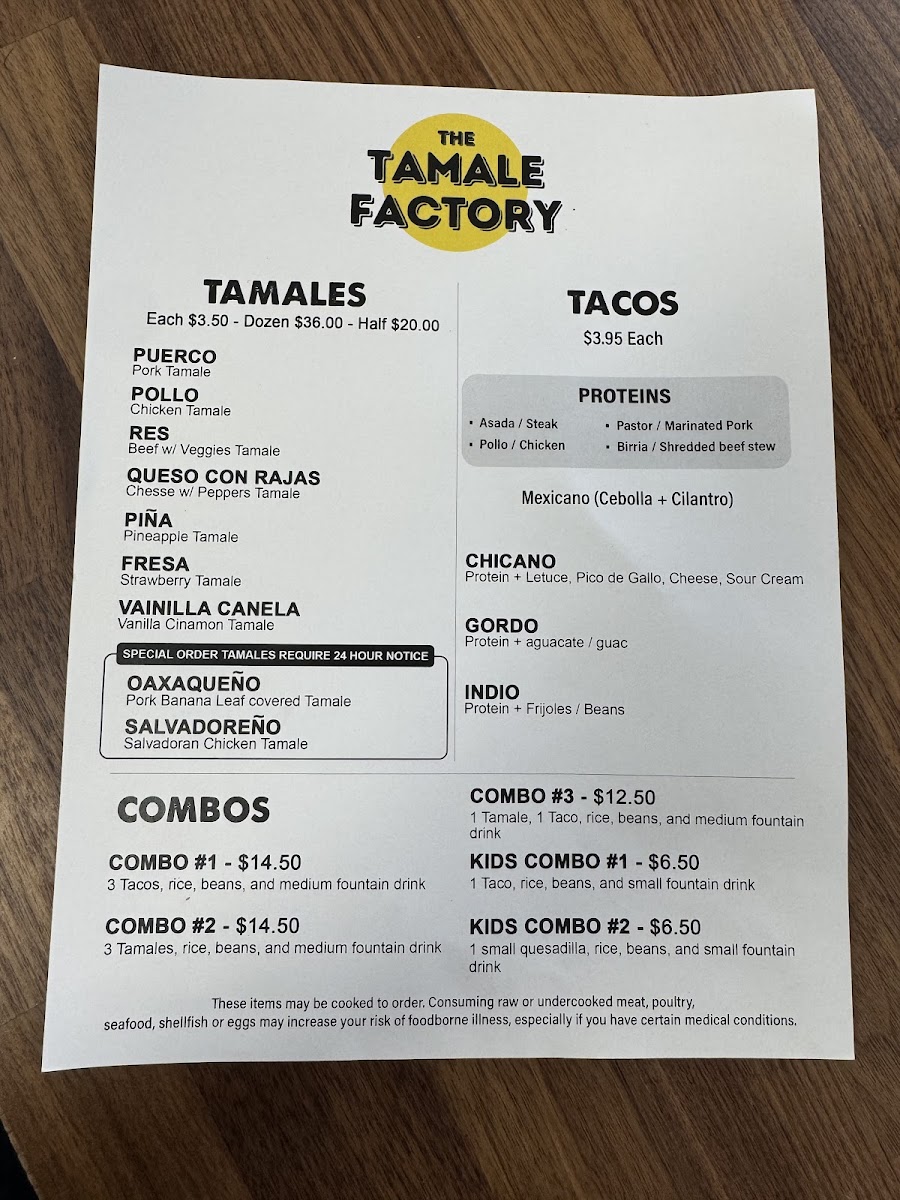 Factory Tamale (closed permanently) menu board