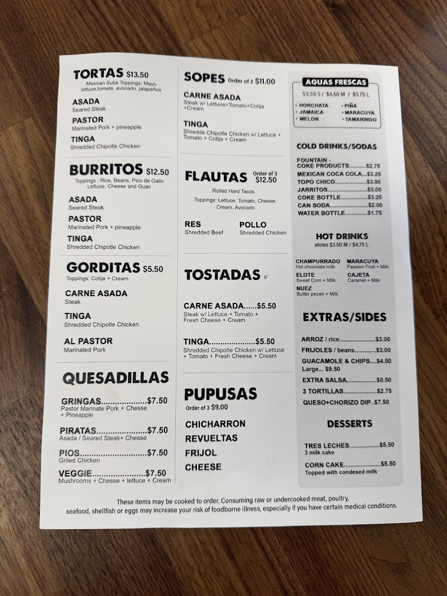 Factory Tamale (closed permanently) menu board