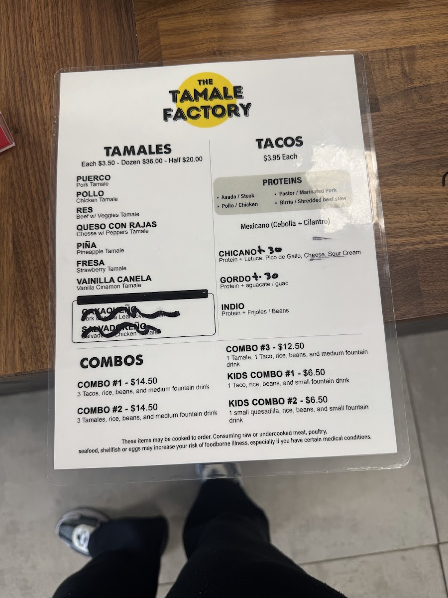 Factory Tamale (closed permanently) menu board