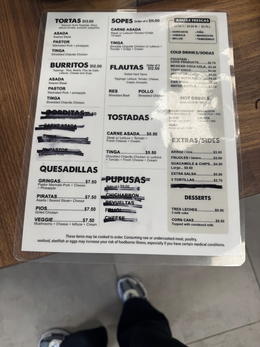 Factory Tamale (closed permanently) menu board