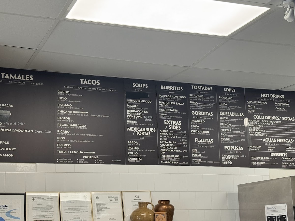 Factory Tamale (closed permanently) menu board