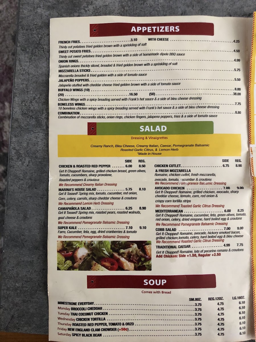 Marina's menu board