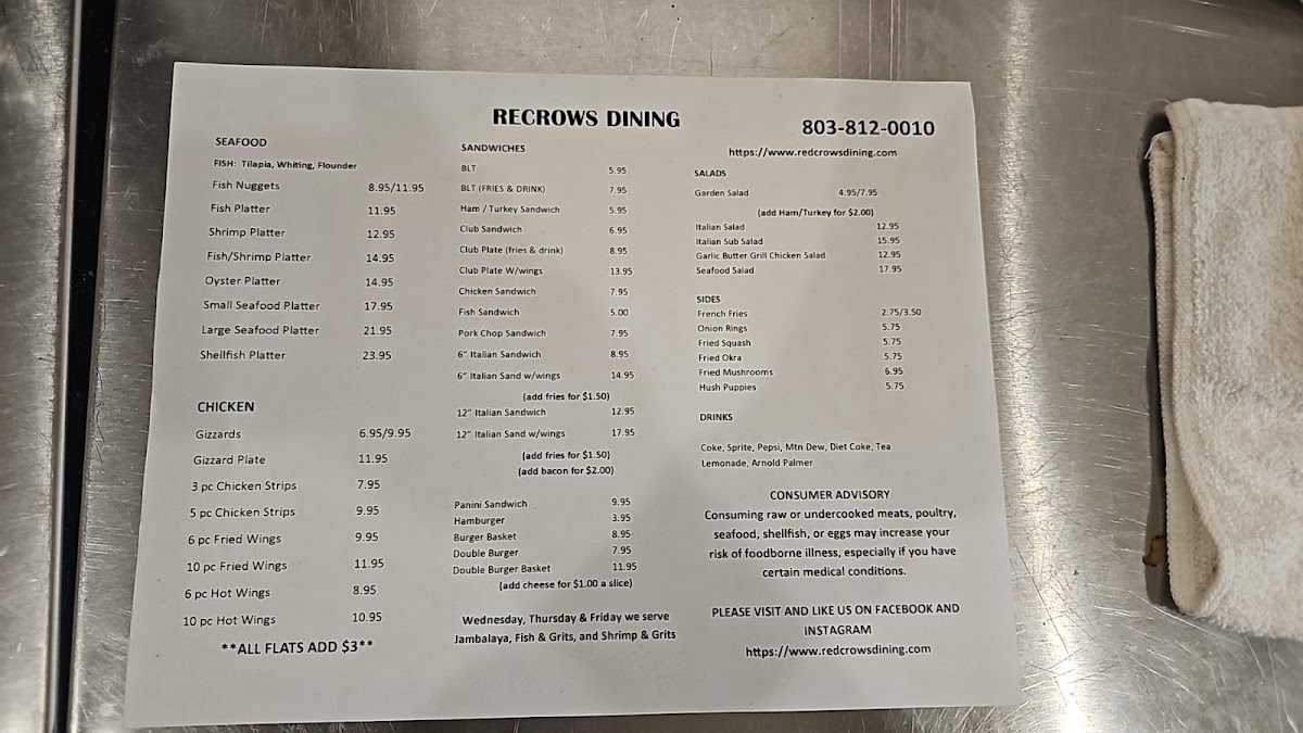RedCrows Dining LLC menu board