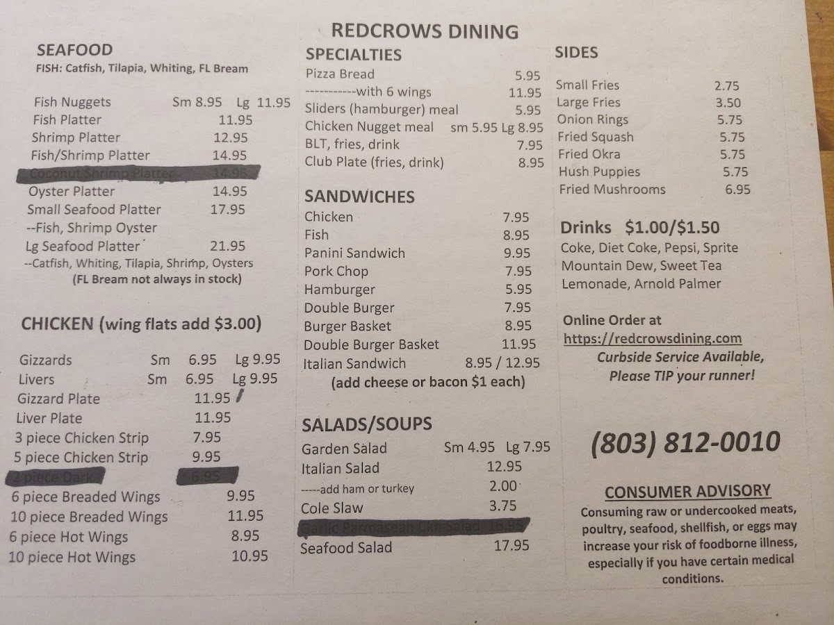 RedCrows Dining LLC menu board