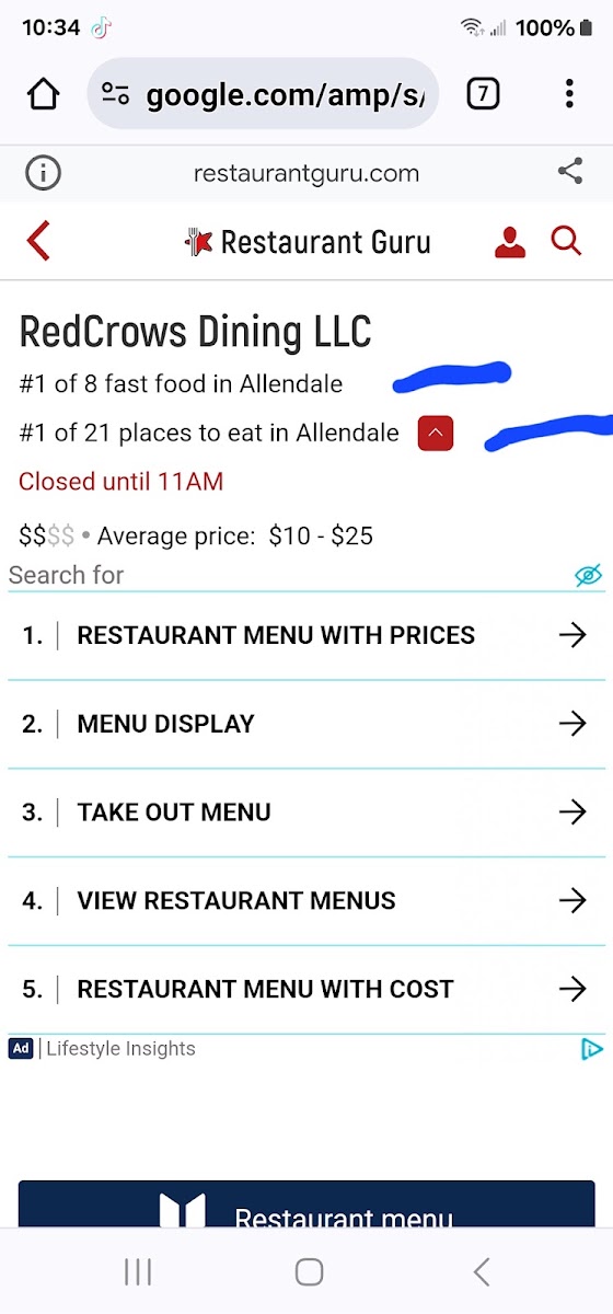 RedCrows Dining LLC menu board