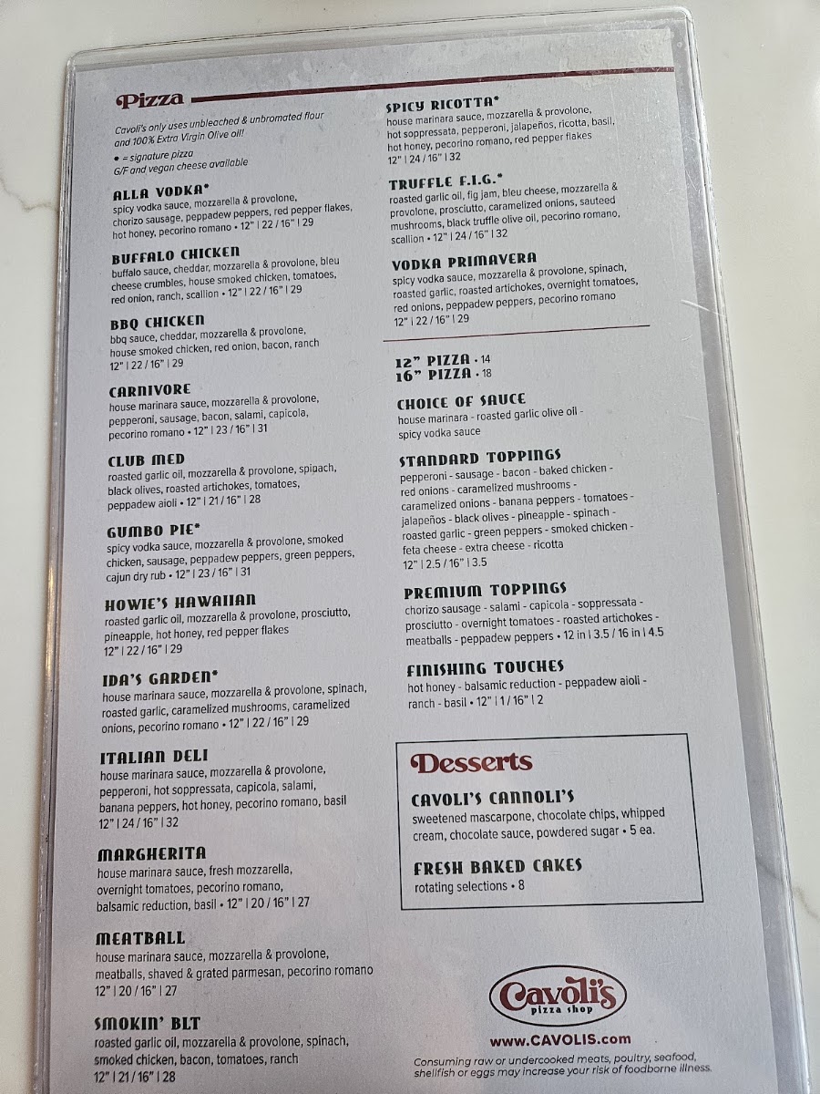 Cavoli's Pizza Shop menu board