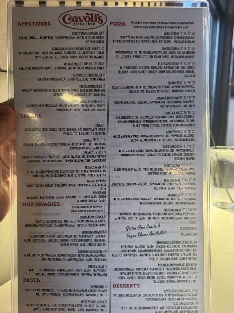 Cavoli's Pizza Shop menu board