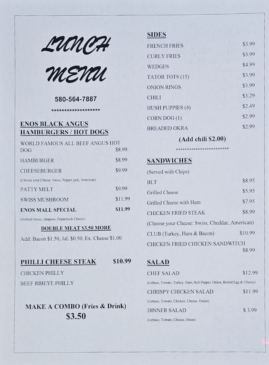 Enos Mall (Eatery & pizzeria) menu board