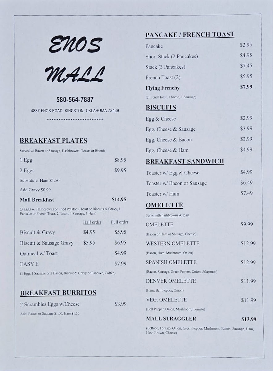 Enos Mall (Eatery & pizzeria) menu board