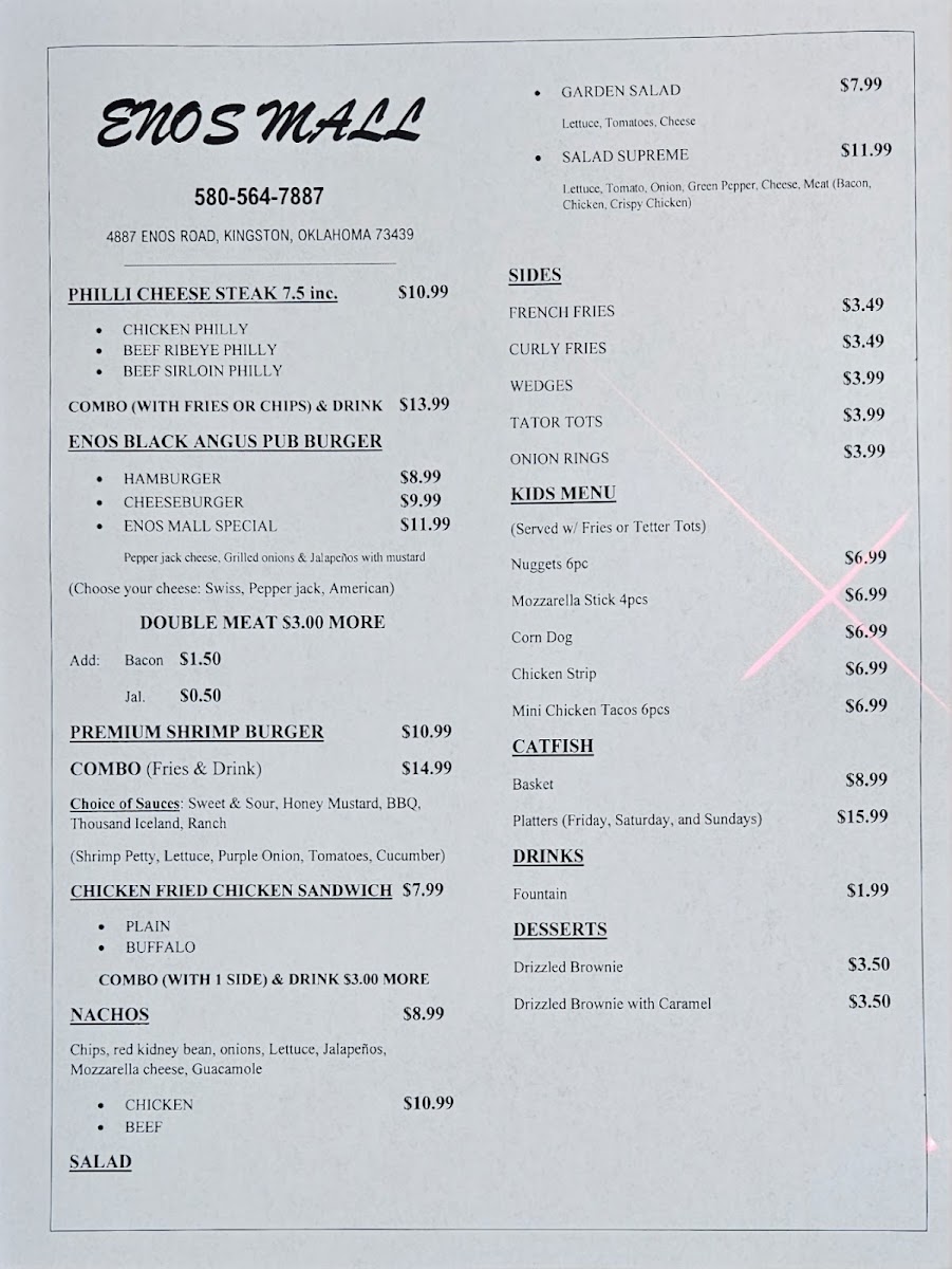 Enos Mall (Eatery & pizzeria) menu board