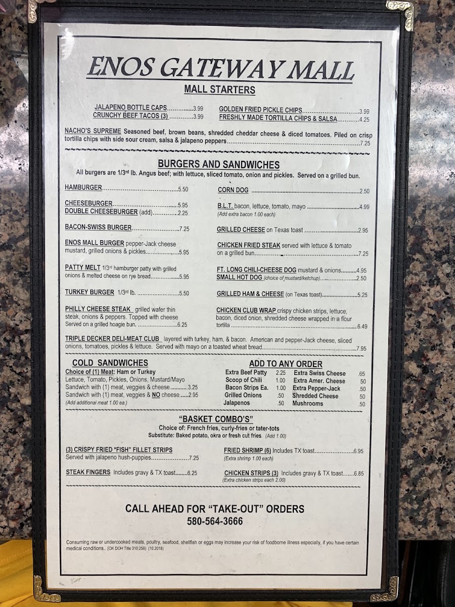 Enos Mall (Eatery & pizzeria) menu board