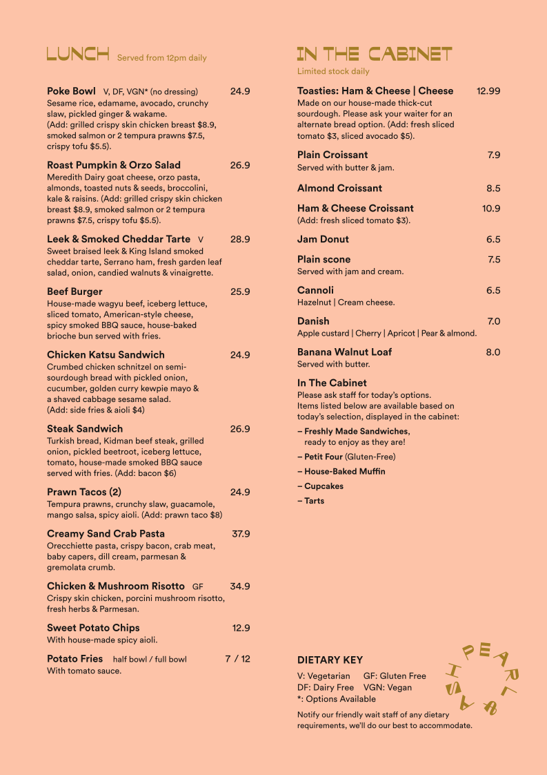 Pearl & Ash Cafe menu board
