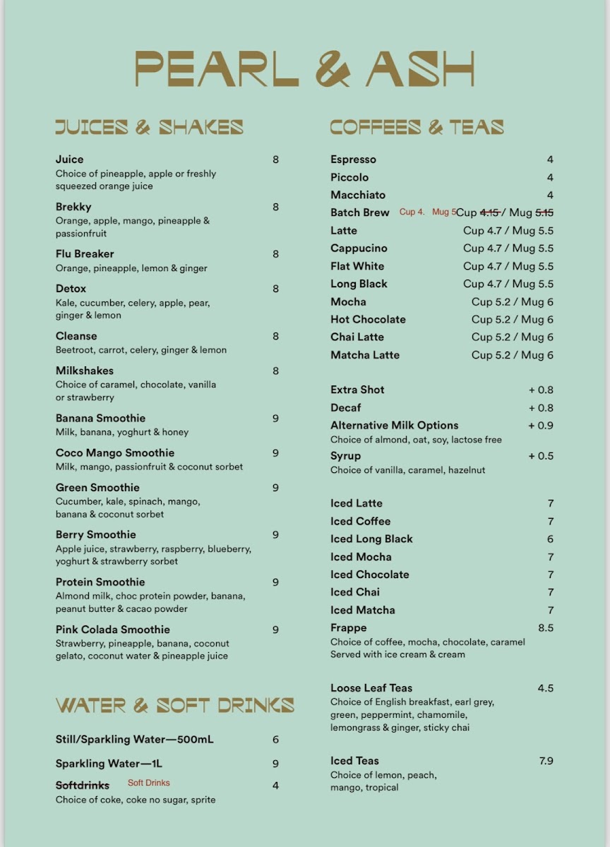 Pearl & Ash Cafe menu board