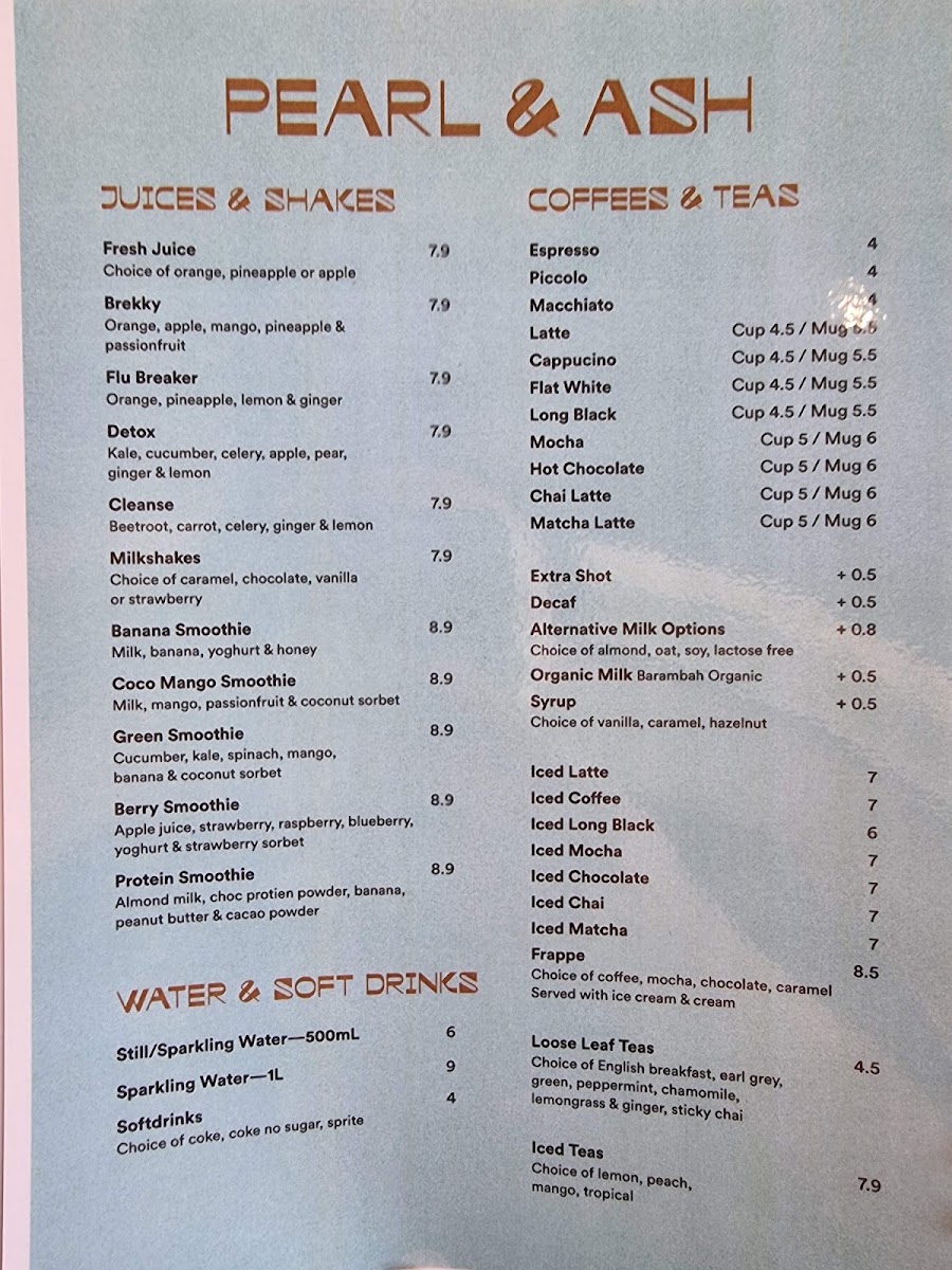 Pearl & Ash Cafe menu board