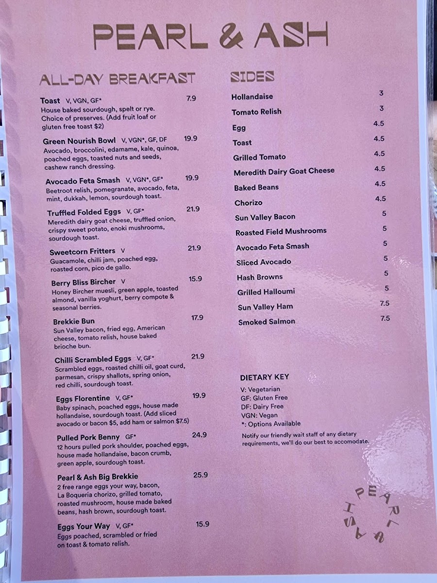 Pearl & Ash Cafe menu board