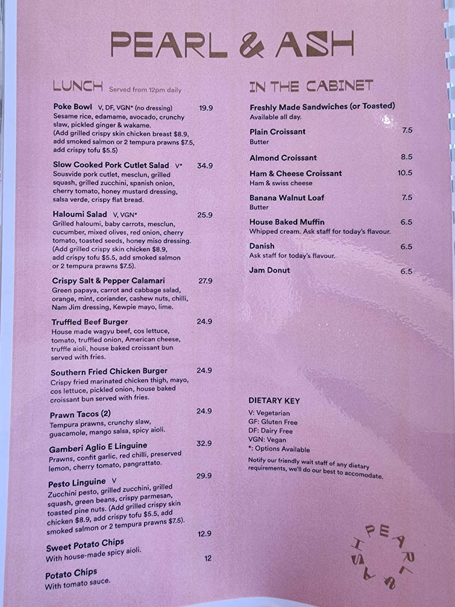 Pearl & Ash Cafe menu board