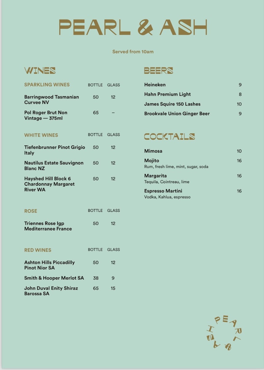 Pearl & Ash Cafe menu board