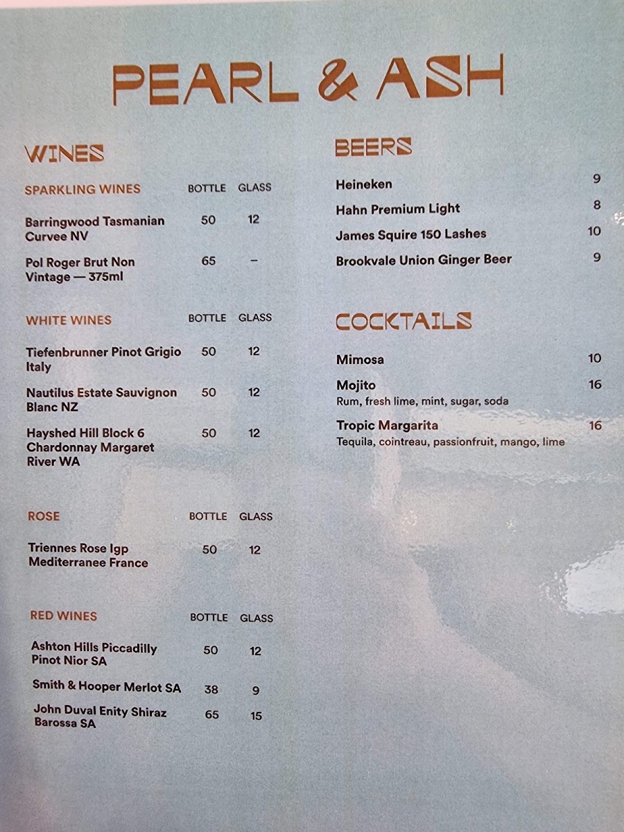 Pearl & Ash Cafe menu board